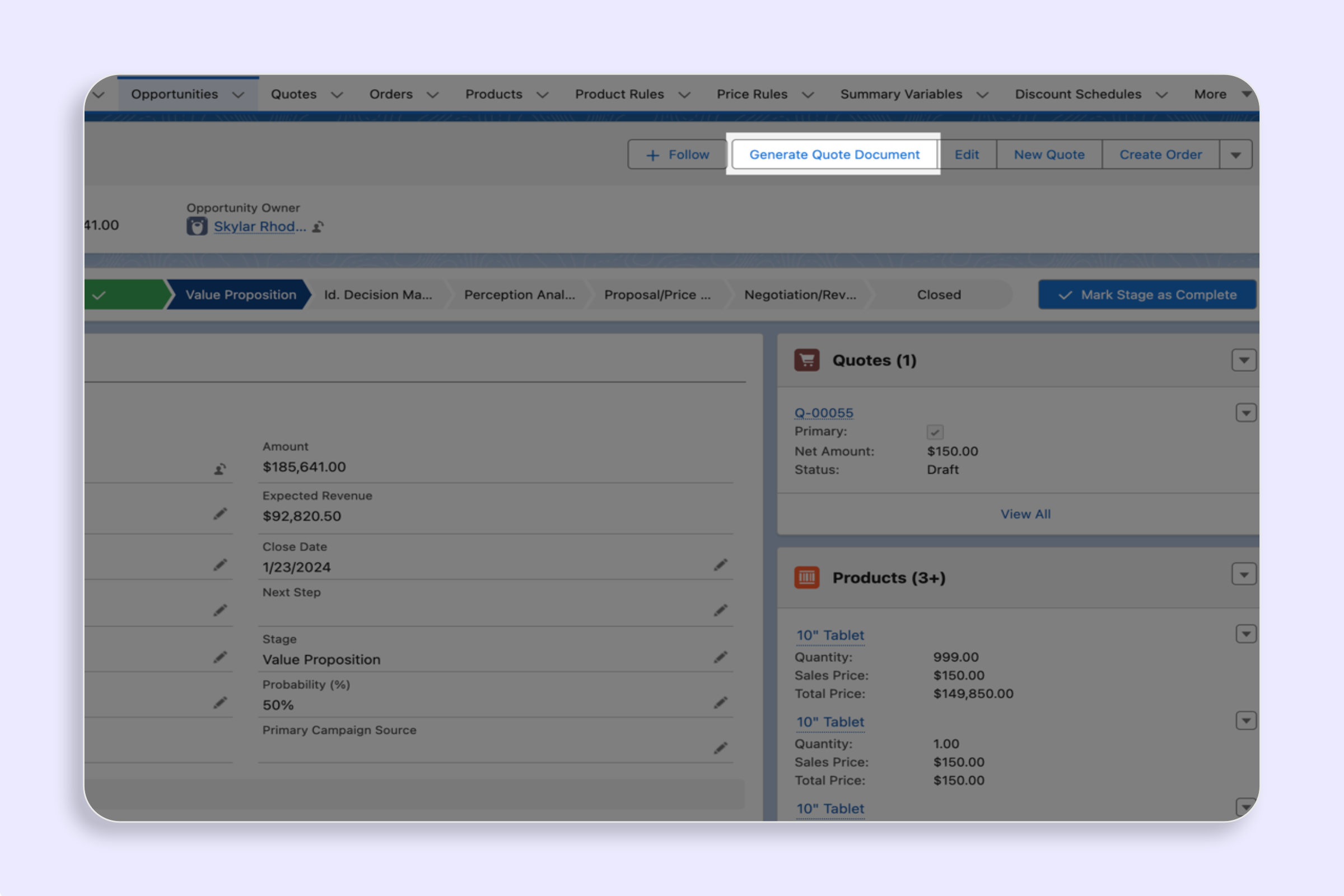 Add the Generate Quote Quick Action to Opportunity