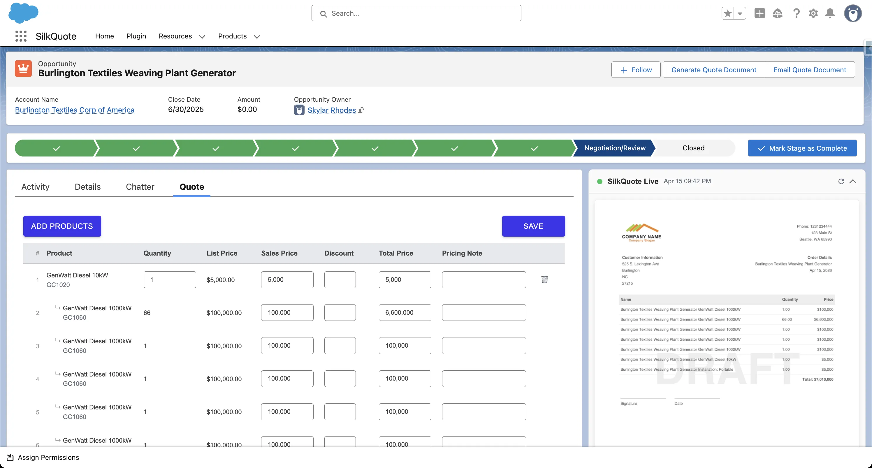Before SilkQuote - Salesforce Opportunity record